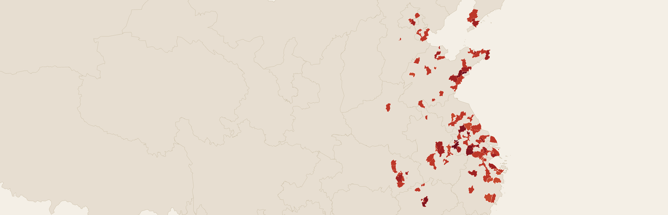 Map of eastern China shaded by forced-labor risk, built from Pamir's own zone data