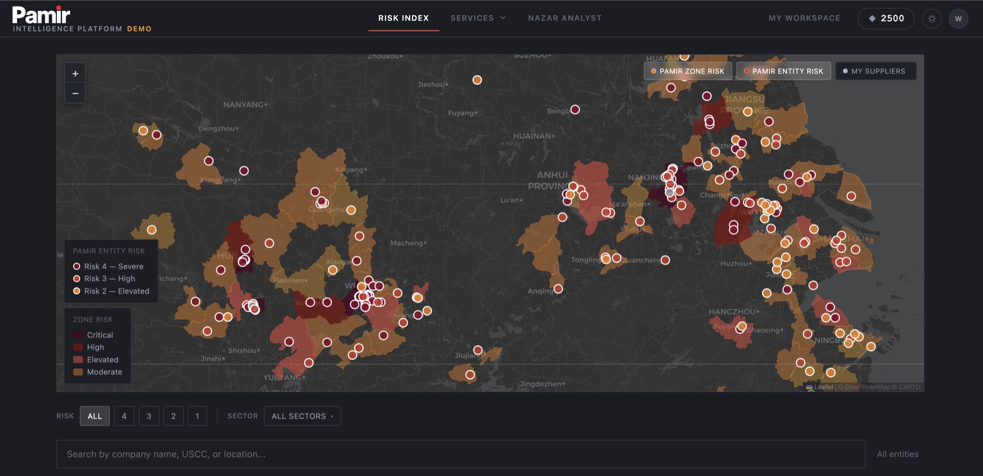 Pamir Intelligence Platform — Risk Index map with entity pins and zone risk shading